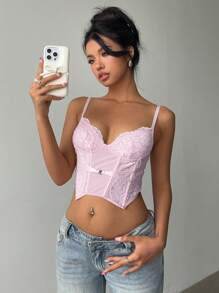 Aloruh Women's Sexy Party Valentine's Day Deep V Lace Patchwork Tight Fitting Cropped Camisole Top - Pink - View 3