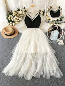 Rometta 法式优雅修身深 V 领高腰长裙，网眼拼布针织吊带背心裙，大码女式长款女装 - 彩色 - 查看 8