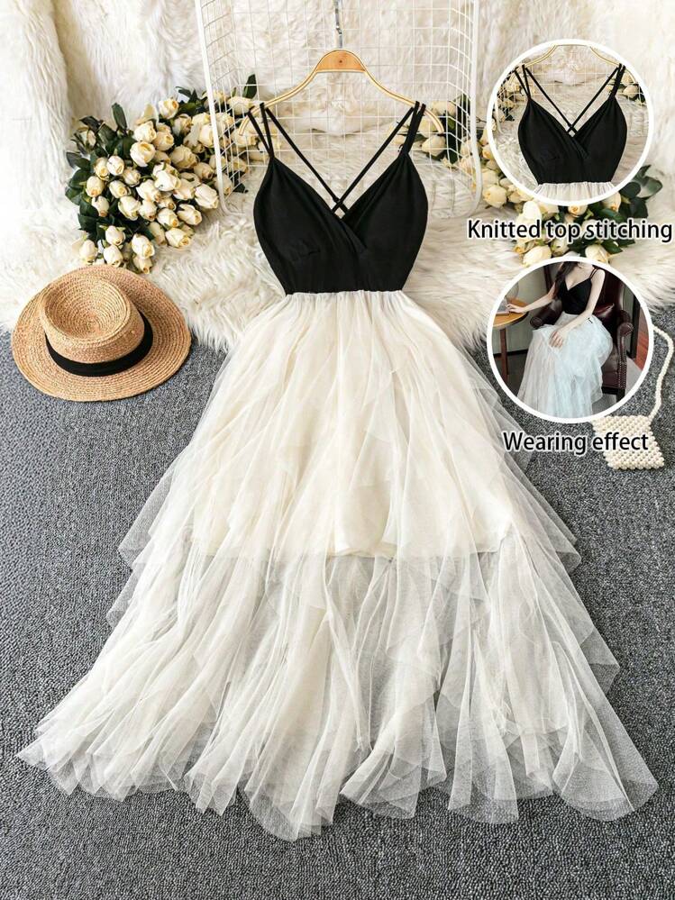 Rometta Vestido largo elegante y entallado de escote profundo en V y cintura alta, vestido camisola de parche de malla tejida, conjunto de mujer talla grande - Multicolor - Añade 8