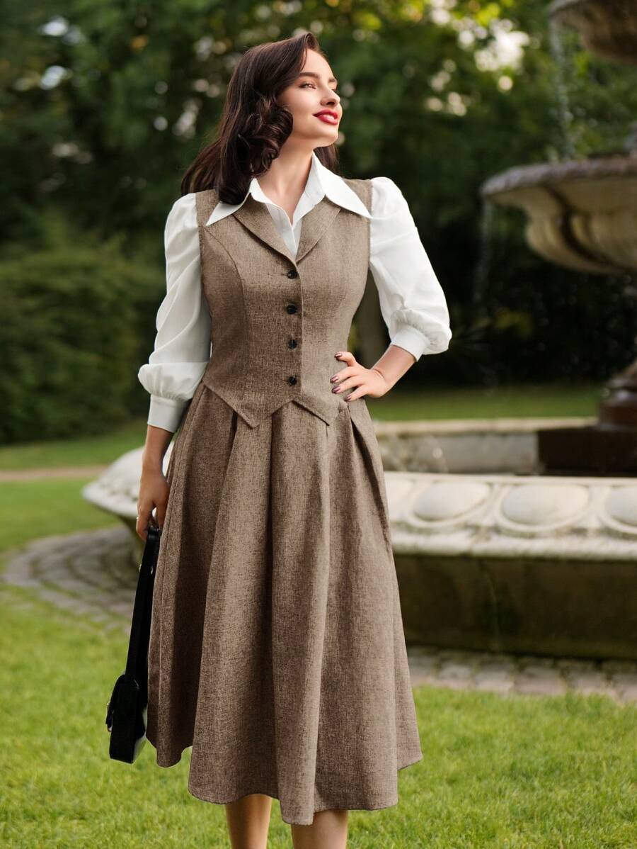 Vintamour 复古 2 件套优雅大码女式两件套，修身背心和喇叭裙，秋冬装感恩节大码女装新年商务休闲女装工作服大码女装大码女装白色优雅端庄大码女装外出装办公室端庄情人节母亲节服装夏季两件套女士节日服装女士教师服装 - 棕色 - 查看 1