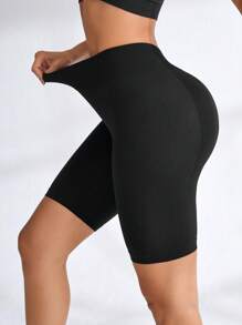 Easithlete Rib-Knit Seamless Sports Biker Shorts High Waisted Shorts Black Shorts Stretchy Shorts - Black - View 6