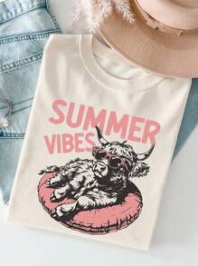 INAWLY Women's Fitted Casual T-Shirt With Adorable Sheep & English Letter Print, Cowboy Style, Summer - Apricot - View 1