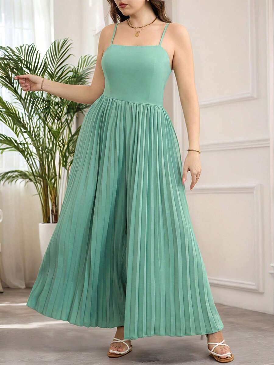 SHEIN Clasi Plus Size Women's Green Solid Color Sleeveless Suspender Waist Pleated Loose Fashion Wide Leg Jumpsuit Pants,Summer Outfits For Women - Green - View 1