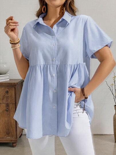 Rosumi 大码开领条纹休闲衬衫，简约时尚，适合日常穿着，女装夏季服装/夏季/夏季服装，波西米亚风女装，波西米亚风女装