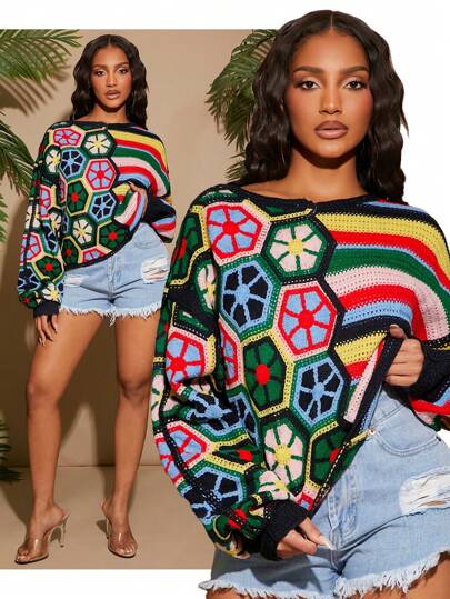 SHEIN SXY 不对称条纹格子彩色浪漫春季长袖毛衣