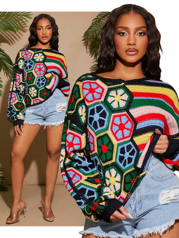 SHEIN SXY Asymmetric Striped Plaid Colorful Romantic Spring Long Sleeve Sweater