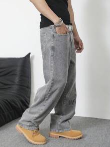 Manfinity Homme 男士休闲破洞字母刺绣牛仔裤