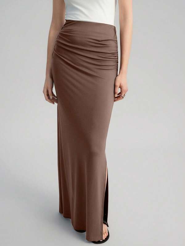 Ontre Brown Elegant Minimalist Elastic Ruched High Waist Side Slit Skirt, Comfortable & Fashion