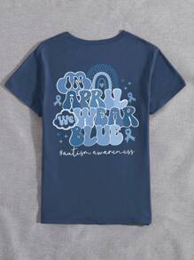 四月我们穿蓝色图案T恤女圆领短袖上衣特教工作者礼物适合春夏季 - 藏蓝色 - 查看 2