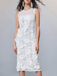 SHEIN LUNE 纯色碎花无袖圆领镂空性感优雅休闲度假约会女士中长连衣裙，适合春夏季，适合伴娘服、晚礼服、正式活动 - 白色 - 查看 8