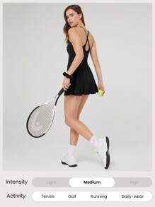 GLOWMODE Quick-Dry Sweat-Wicking Built-In Cups Square-Neck Dress With Built-In Shorts Side Pockets Non-Slip Grips Tennis Golf Gym Daily Casual - Black - View 8