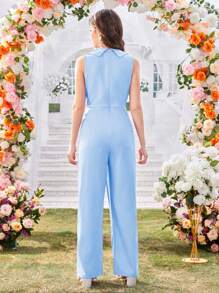 Teen Girl Elegant Lapel Button Decorated Sleeveless Jumpsuit