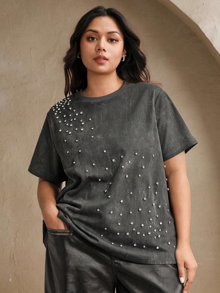 Women's Casual Sand-Washed Rhinestone Decor Round Neck Short Sleeve T-Shirt, Suitable For Summer, Casual, Festival, Brunch, Holiday, Elegant