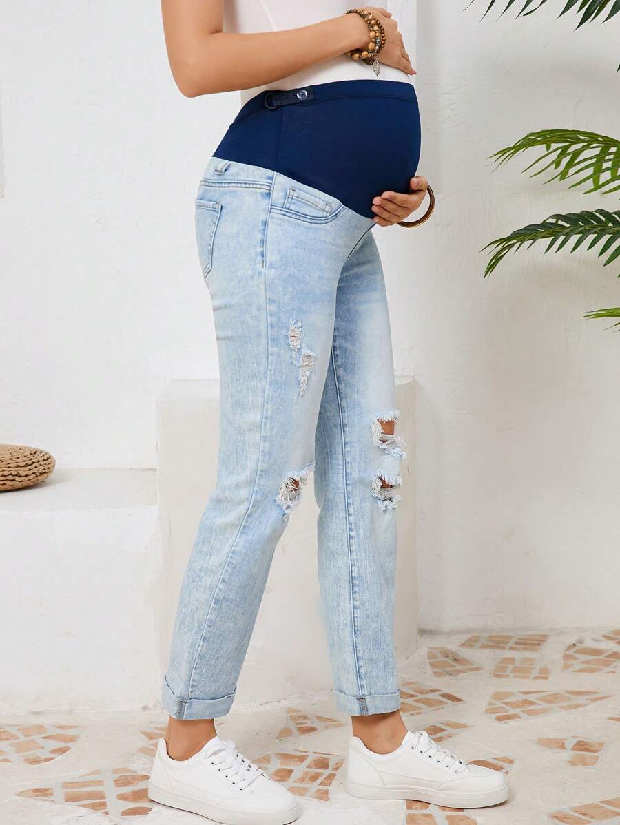 SHEIN Adjustable Waist Maternity Distressed Casual Versatile Jeans - Light Wash - View 1