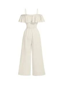 SHEIN Girl Big Tween Girl' Black Fashionable Off Shoulder Jumpsuit, Summer