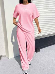 SHEIN EZwear Bộ quần áo thun rộng rãi thoải mái có họa tiết dành cho nữ - Hồng - Xem 5