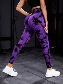 SHEIN Sports Tie Dye Yoga Tights Seamless High Stretch Tummy Control Gym Leggings - Purple - View 4