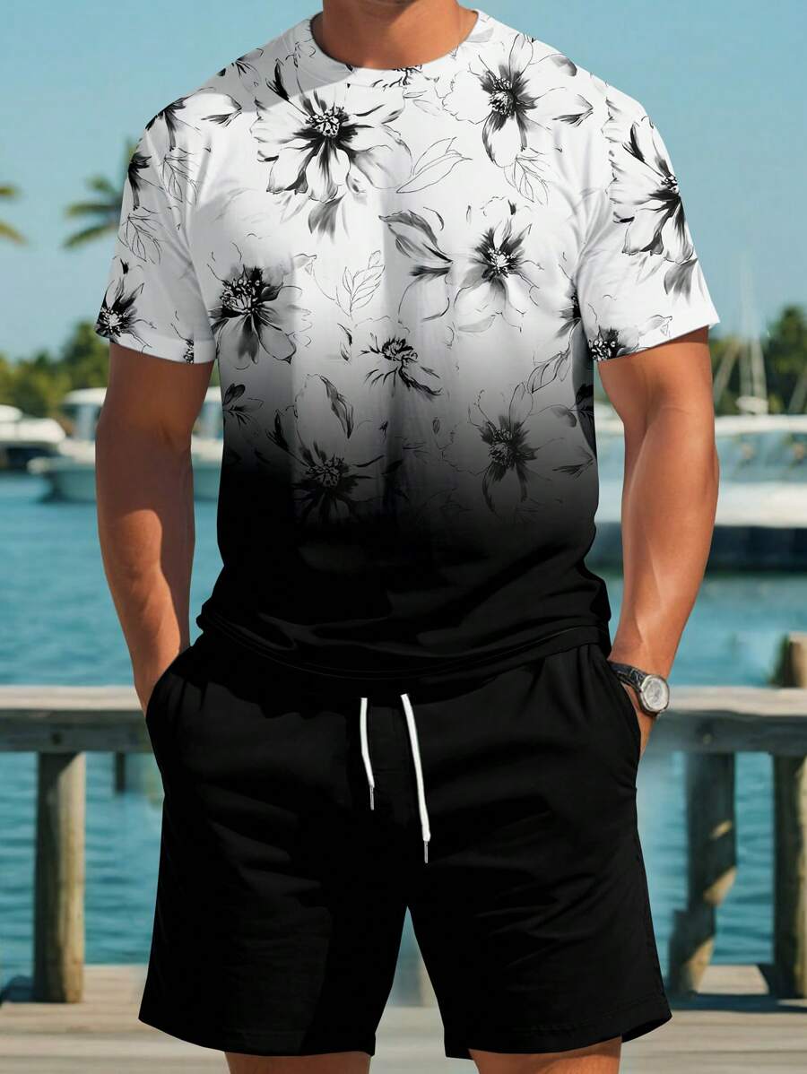 Manfinity RSRT 2pcs/Set Men Casual Round Neck Short Sleeve T-Shirt And Shorts, Minimalist Style Suitable For Summer Men Vacation Outfits Vacation Clothes For Men - Multicolor - View 1