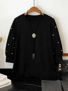 SHEIN LUNE Plus Size Casual Commute Decor Rhinestone Lantern Sleeve T-Shirt - Black - View 1