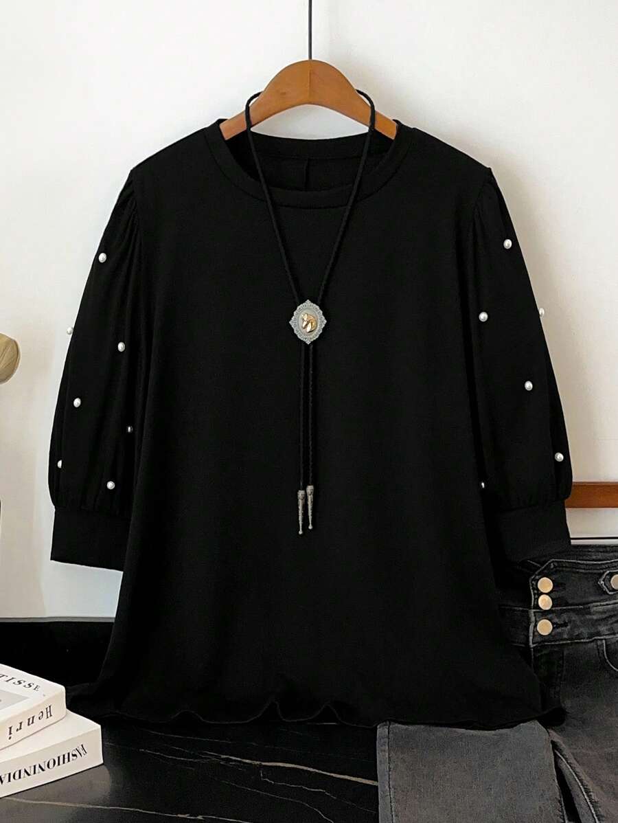 SHEIN LUNE Plus Size Casual Commute Decor Rhinestone Lantern Sleeve T-Shirt - Black - View 1