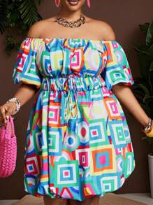 Slaydiva Plus Size Women Geometric Print Off Shoulder Puff Sleeve Dress - Multicolor - View 2