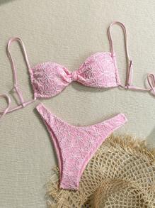 Sweetra 2 件套度假海滩花卉提花比基尼套装 - 棕色 - 查看 6