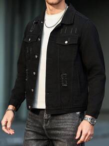Manfinity LEGND Chaqueta de jean de manga larga con un solo pecho y bordes deshilachados para hombres de talla grande