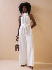 Zivah Grüner Jumpsuit mit weitem Bein, hohem Hals, Schlitz und Taschen -E, für den Urlaub