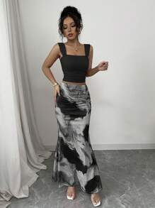 Elenzga Romantic Tie Dye Print Ruffle Collar Tank Top And Skirt 2Pcs Set