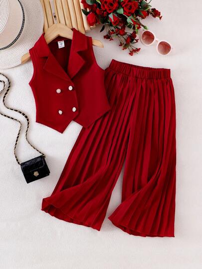 SHEIN Elladie kids 2 件装年轻女孩优雅红色无袖西装背心和阔腿裤套装，正式工作装，端庄时尚