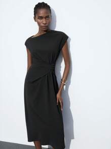 Maija 2025 Winter & Summer New Black Asymmetrical Cut Asymmetric Shoulder Pleated Waist Design Evening Dress, Sophisticated & Elegant For Party, Office, Wedding Guest, Hostess, Suitable For Outing, Date, Party, Concert, Stage Performance, Summer Holiday