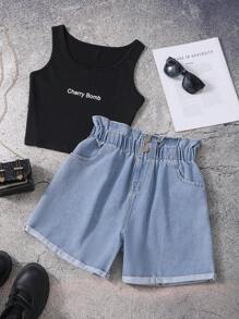 2pcs/Set Teenage Girls Cropped Camisole & Washed Denim Shorts Set, Vibrant