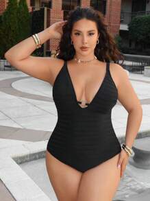SHEIN Plus Size Women's One-Piece Casual Swimsuit For Summer Beach Vacation - Black - View 5