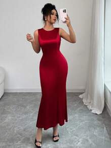Elenzga Sleeveless Round Neck Lace Hollow Back Bow Mermaid Hem Stretch Satin Fitted Elegant Sexy Dress