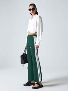 SHEIN EZwear 女式时尚侧条纹撞色刺绣针织裤 - 墨綠色 - 查看 4