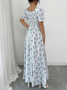 Elenzga Spring/Summer Elegant Vacation Casual Puff Sleeve Square Neck Waisted Slim Long Dress For Women