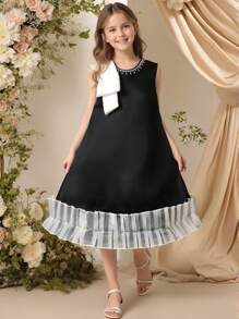 SHEIN Vestidos de Pré-adolescentes, Vestido Midi Branco sem Mangas com Caimento Solto, Decoração com Corrente de Strass, Ornamento de Laço 3D, Detalhe de Ombro Rosa, Bainha com Babado, Vestido de Princesa Elegante, Adequado para Festas, Eventos, Aniversários, Todas as Estações - Branco - Visão 3