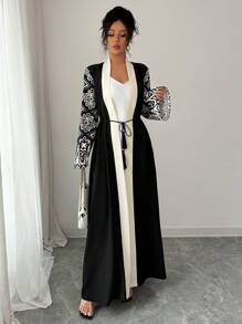 Calvaya New Waisted Design Sense Black & Apricot Color Block V-Neck Straight Fit Casual Cardigan, Elegant, With Monochrome Pattern, High-End