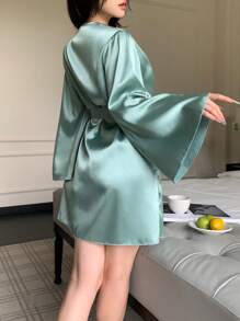 女士优雅纯色蕾丝拼接喇叭袖睡袍，奢华家居服，秋冬款 - 薄荷綠 - 查看 2