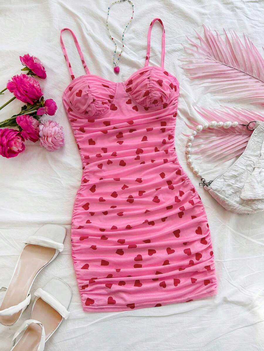 SHEIN WYWH Plus Size Women Heart Print Mesh Ruffle Hem Pink Cami Mini Dress, Suitable For Inner Or Outer Wear - Multicolor - View 1