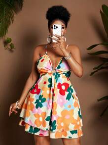 Maweii Plus Size Women's Elegant Multi-Color Printed Halter V-Neck Waist Hollow Out Backless Ruffle Wide Leg Jumpsuit, Vacation Style, Spring/Summer