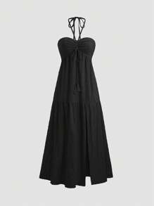 Sweetra 女长款裹身式连衣裙欧美夏季新款露肩系腰性感露背高开叉纹理休闲派对喜庆 - 黑色 - 查看 1