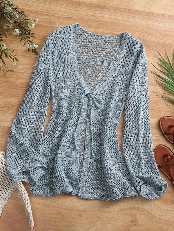 Breezaya Women's Tie-Dye Hollow-Out Front Lace-Up Long Sleeve Casual Cardigan
