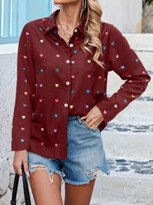 Calvaya Plus Size Burgundy Woven Fabric Blouse With Colorful Heart Print, Long Sleeves, And Collared Neckline For A Casual Style - Burgundy - View 3