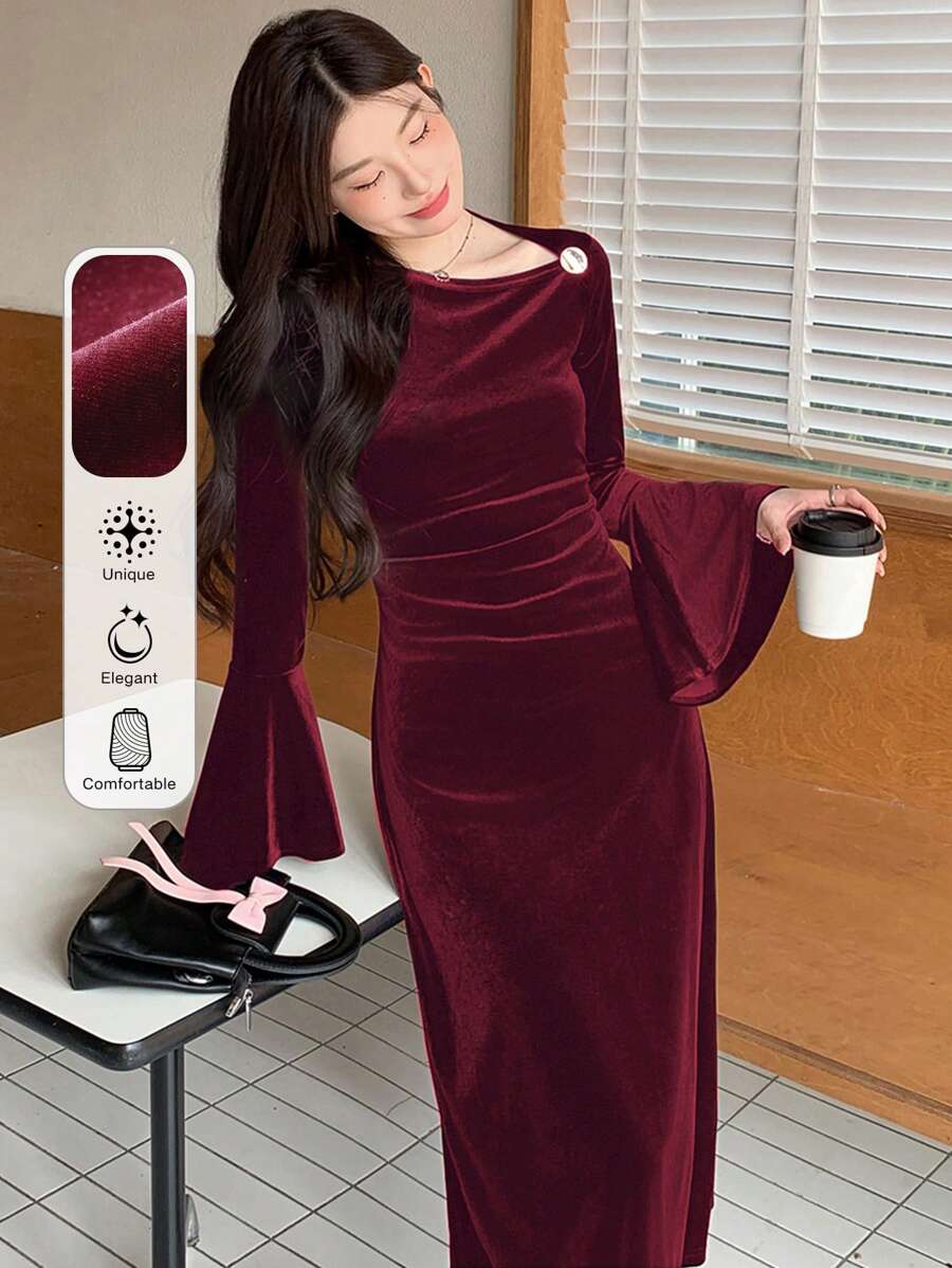 DAZY Váy midi tay loe lệch vai lãng mạn ngày lễ tình nhân dành cho nữ, váy thanh lịch mùa xuân, váy mùa thu, váy dài tay màu đỏ dành cho nữ, váy Giáng sinh - Màu Đỏ Sâu - Xem 1