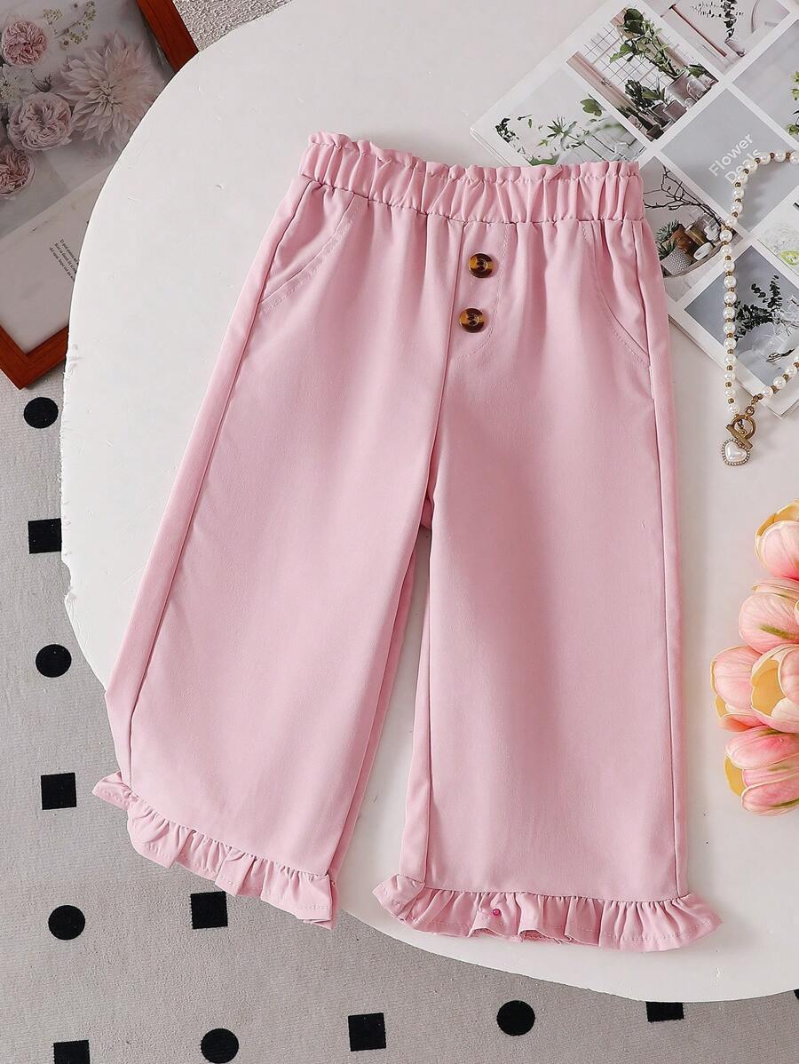 女童休闲花卉荷叶边阔腿裤