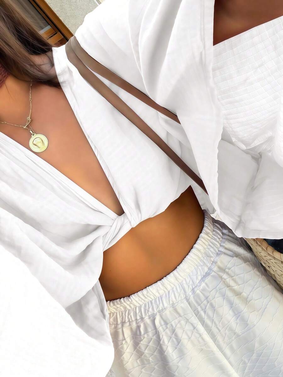 INAWLY Camisa feminina sólida com decote em V profundo e torção frontal, manga comprida, cortada, sexy - Branco - Ver 1