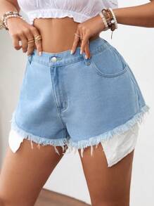 SHEIN VCAY Plus Size Blue Denim Casual Fitted Shorts Summer,Vacation Outfits Woman,Easter,Spring,Western,Office Outfits For Women,Rave Outfits,Baby Shower Dress,Cottagecore,Country Outfits Women Floral - Blue - View 3