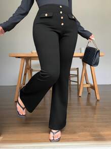 Dazy Plus Stretchy Slim Fit 4 Buttons Decor Bell Bottom Solid Color Pants, All Season Business Women Attire Women Dress Pants - Black - View 6