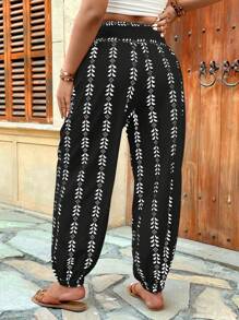 SHEIN LUNE Plus Size Retro Print Elastic Waist Drawstring Casual Vacation Pants Fall Cloth For Women - Black - View 2